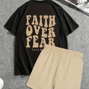 Men's casual summer slogan print round neck short-sleeved T-shirt and drawstring waist shorts set