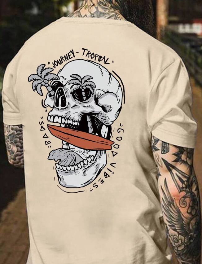 Men's Summer Skull Letter Print Round Neck Short Sleeve Casual T-Shirt Men's Summer Skull Letter Print Round Neck Short Sleeve Casual T-Shirt