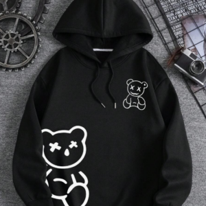 Men Bear Print Drawstring Thermal Lined Hoodie